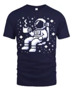Pixel Astronaut Coffee Space Retro Gamer Graphic Tee Tshirt - navy t-shirt on white background