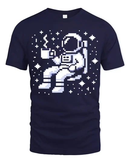 Pixel Astronaut Coffee Space Retro Gamer Graphic Tee Tshirt - navy t-shirt on white background