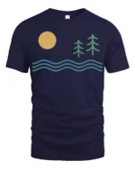 Minimal Nature Landscape Sun Waves Pine Trees Graphic Tee Tshirt - navy t-shirt on white background