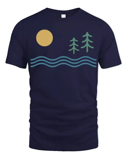 Minimal Nature Landscape Sun Waves Pine Trees Graphic Tee Tshirt - navy t-shirt on white background