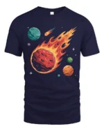 Fiery Meteor Space Planets Galaxy Explosion Graphic Tee Tshirt - navy t-shirt on white background
