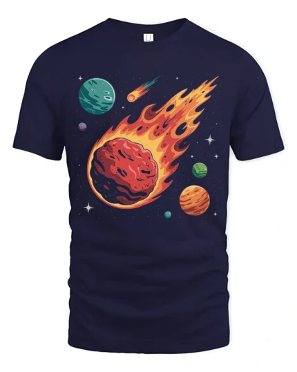 Fiery Meteor Space Planets Galaxy Explosion Graphic Tee Tshirt - navy t-shirt on white background