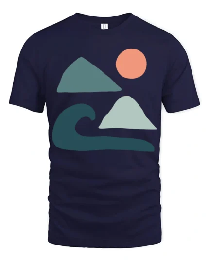 Minimal Ocean Wave Mountain Sun Abstract Art Graphic Tee Tshirt - navy t-shirt on white background