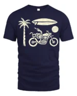 Retro Beach Motorcycle Surfboard Palm Tree Graphic Tee Tshirt - navy t-shirt on white background