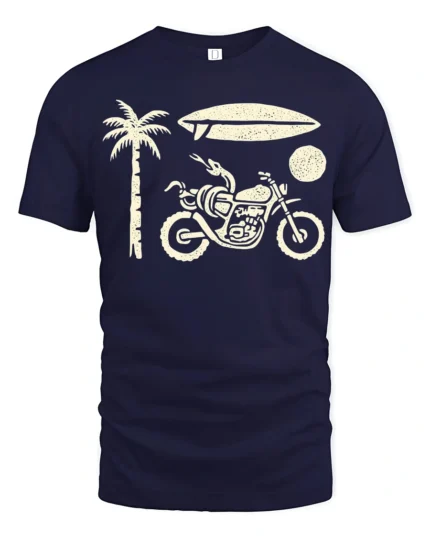 Retro Beach Motorcycle Surfboard Palm Tree Graphic Tee Tshirt - navy t-shirt on white background