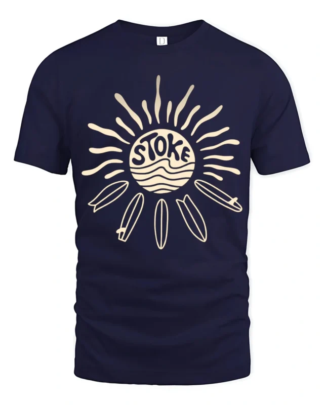 Stoked Surf Sun Retro Beach Vibes Graphic Tee Tshirt - navy t-shirt on white background