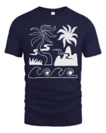 Minimal Tropical Beach Waves Palm Tree Line Art Graphic Tee Tshirt - navy t-shirt on white background