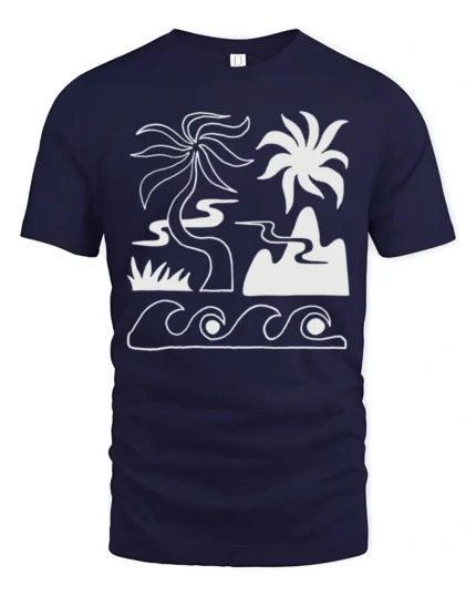 Minimal Tropical Beach Waves Palm Tree Line Art Graphic Tee Tshirt - navy t-shirt on white background