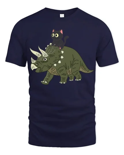 Funny Cat Riding Dinosaur Cute Cartoon Graphic Tee Tshirt - navy t-shirt on white background