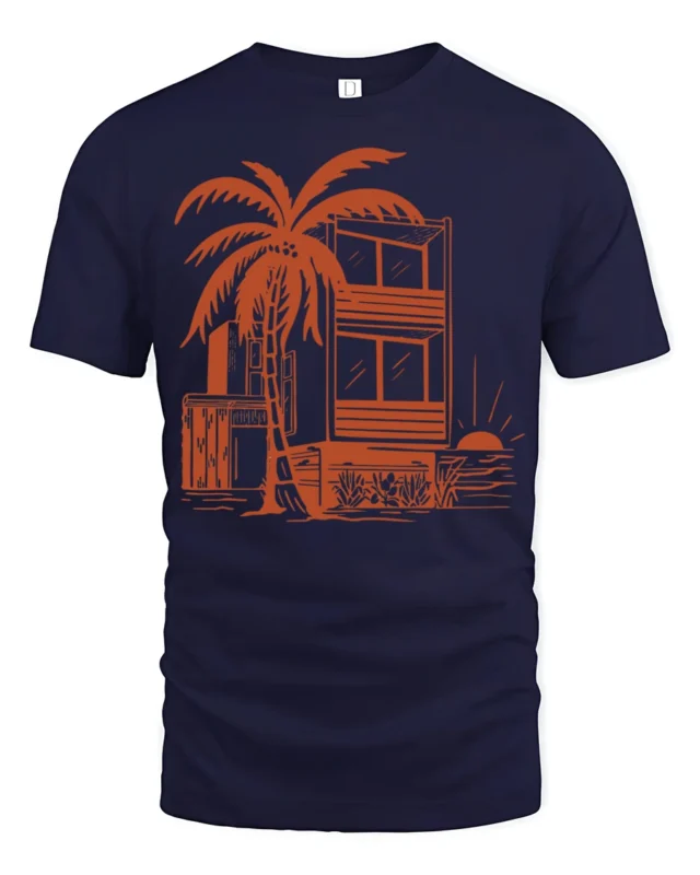 Tropical Beach House Sunset Palm Tree Vacation Graphic Tee Tshirt - navy t-shirt on white background