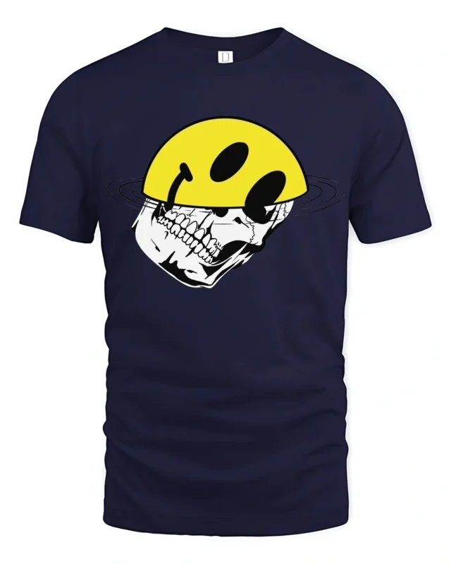 Edgy Skull With Smile Helmet Graphic Tee Tshirt Urban Vibes - navy t-shirt on white background