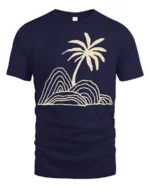 Minimal Palm Tree Island Line Art Beach Vibe Graphic Tee Tshirt - navy t-shirt on white background