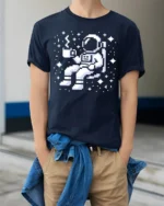 Pixel Astronaut Coffee Space Retro Gamer Graphic Tee Tshirt - model wearing navy tee with hands in pockets