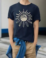 Stoked Surf Sun Retro Beach Vibes Graphic Tee Tshirt - model wearing navy tee with hands in pockets