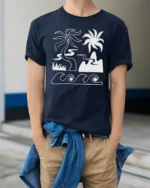 Minimal Tropical Beach Waves Palm Tree Line Art Graphic Tee Tshirt - model wearing navy tee with hands in pockets
