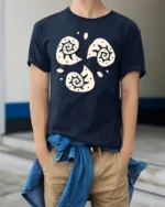 Abstract Spiral Sun Symbols Boho Minimal Art Graphic Tee Cool Tshirt - model wearing navy tee with hands in pockets