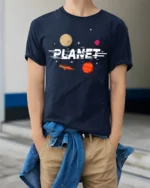 Retro Planet Rocket Space Adventure Graphic Tee Tshirt - model wearing navy tee with hands in pockets