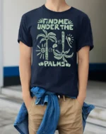 Find Me Under The Palms Funny Tropical Vacation Tee Tshirt - model wearing navy tee with hands in pockets