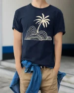 Minimal Palm Tree Island Line Art Beach Vibe Graphic Tee Tshirt - model wearing navy tee with hands in pockets