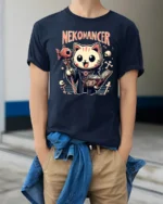 Cute Nekomancer Cat Necromancer Funny Magic Graphic Tee Tshirt - model wearing navy tee with hands in pockets