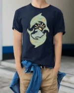 Dolphin Ocean Wave Sun Retro Coastal Aesthetic Graphic Tee Tshirt - model wearing navy tee with hands in pockets