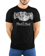 Glory And Gore Go Hand In Hand Vintage Handshake Graphic Tee Tshirt - model wearing black tee with hands behind back