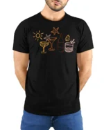 Summer Cocktail Beach Vibes Line Art Drinks Party Graphic Tee Tshirt - model wearing black tee with hands behind back