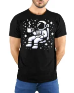 Pixel Astronaut Coffee Space Retro Gamer Graphic Tee Tshirt - model wearing black tee with hands behind back