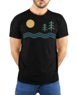 Minimal Nature Landscape Sun Waves Pine Trees Graphic Tee Tshirt - model wearing black tee with hands behind back