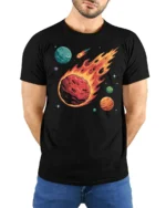 Fiery Meteor Space Planets Galaxy Explosion Graphic Tee Tshirt - model wearing black tee with hands behind back