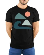 Minimal Ocean Wave Mountain Sun Abstract Art Graphic Tee Tshirt - model wearing black tee with hands behind back
