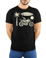 Retro Beach Motorcycle Surfboard Palm Tree Graphic Tee Tshirt - model wearing black tee with hands behind back