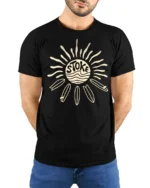 Stoked Surf Sun Retro Beach Vibes Graphic Tee Tshirt - model wearing black tee with hands behind back