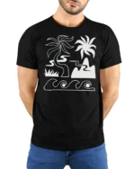Minimal Tropical Beach Waves Palm Tree Line Art Graphic Tee Tshirt - model wearing black tee with hands behind back
