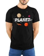 Retro Planet Rocket Space Adventure Graphic Tee Tshirt - model wearing black tee with hands behind back