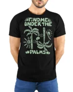 Find Me Under The Palms Funny Tropical Vacation Tee Tshirt - model wearing black tee with hands behind back