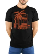 Tropical Beach House Sunset Palm Tree Vacation Graphic Tee Tshirt - model wearing black tee with hands behind back