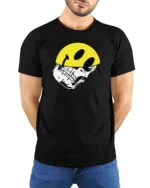 Edgy Skull With Smile Helmet Graphic Tee Tshirt Urban Vibes - model wearing black tee with hands behind back