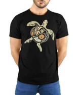 Long Island Sea Turtle Boho Ocean Art Graphic Tee Coastal Tshirt - model wearing black tee with hands behind back