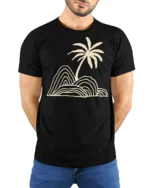 Minimal Palm Tree Island Line Art Beach Vibe Graphic Tee Tshirt - model wearing black tee with hands behind back