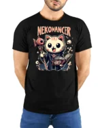 Cute Nekomancer Cat Necromancer Funny Magic Graphic Tee Tshirt - model wearing black tee with hands behind back