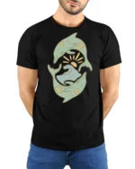 Dolphin Ocean Wave Sun Retro Coastal Aesthetic Graphic Tee Tshirt - model wearing black tee with hands behind back