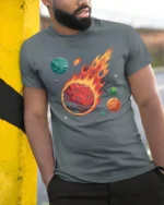 Fiery Meteor Space Planets Galaxy Explosion Graphic Tee Tshirt - model wearing grey tee, leaning on column