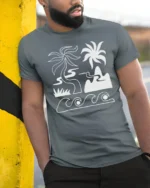 Minimal Tropical Beach Waves Palm Tree Line Art Graphic Tee Tshirt - model wearing grey tee, leaning on column