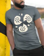 Abstract Spiral Sun Symbols Boho Minimal Art Graphic Tee Cool Tshirt - model wearing grey tee, leaning on column