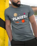 Retro Planet Rocket Space Adventure Graphic Tee Tshirt - model wearing grey tee, leaning on column