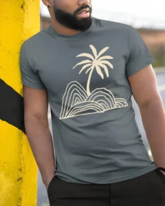 Minimal Palm Tree Island Line Art Beach Vibe Graphic Tee Tshirt - model wearing grey tee, leaning on column