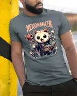 Cute Nekomancer Cat Necromancer Funny Magic Graphic Tee Tshirt - model wearing grey tee, leaning on column