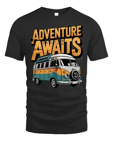 Adventure Awaits Van Life Graphic T Shirt Retro Travel Tee - black t-shirt on white background