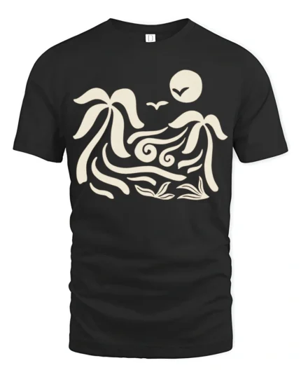Tropical Wave Palm Tree Graphic T Shirt Sunset Beach Vibe Tee - black t-shirt on white background